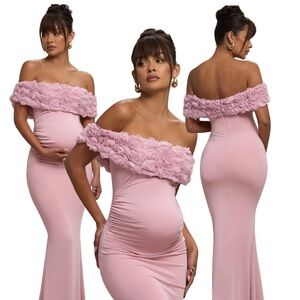 INFLORESCENCE
BLUSH PINK MESH FLORAL BARDOT MATERNITY MAXI DRESS